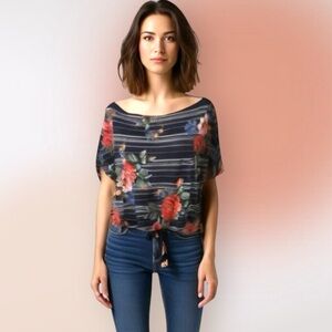 White Birch Tie‎ Front High Low Navy Floral Short Sleeve Tee size Med